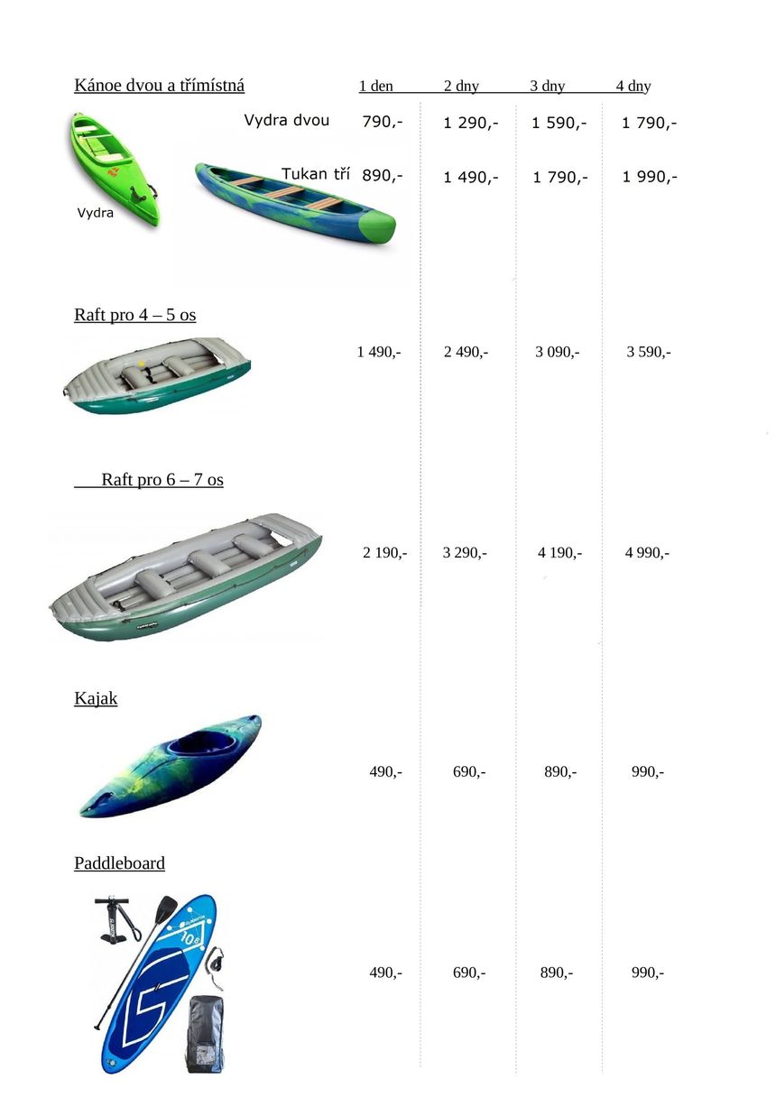 ceník kanoe, rafty, kajak, paddleboard